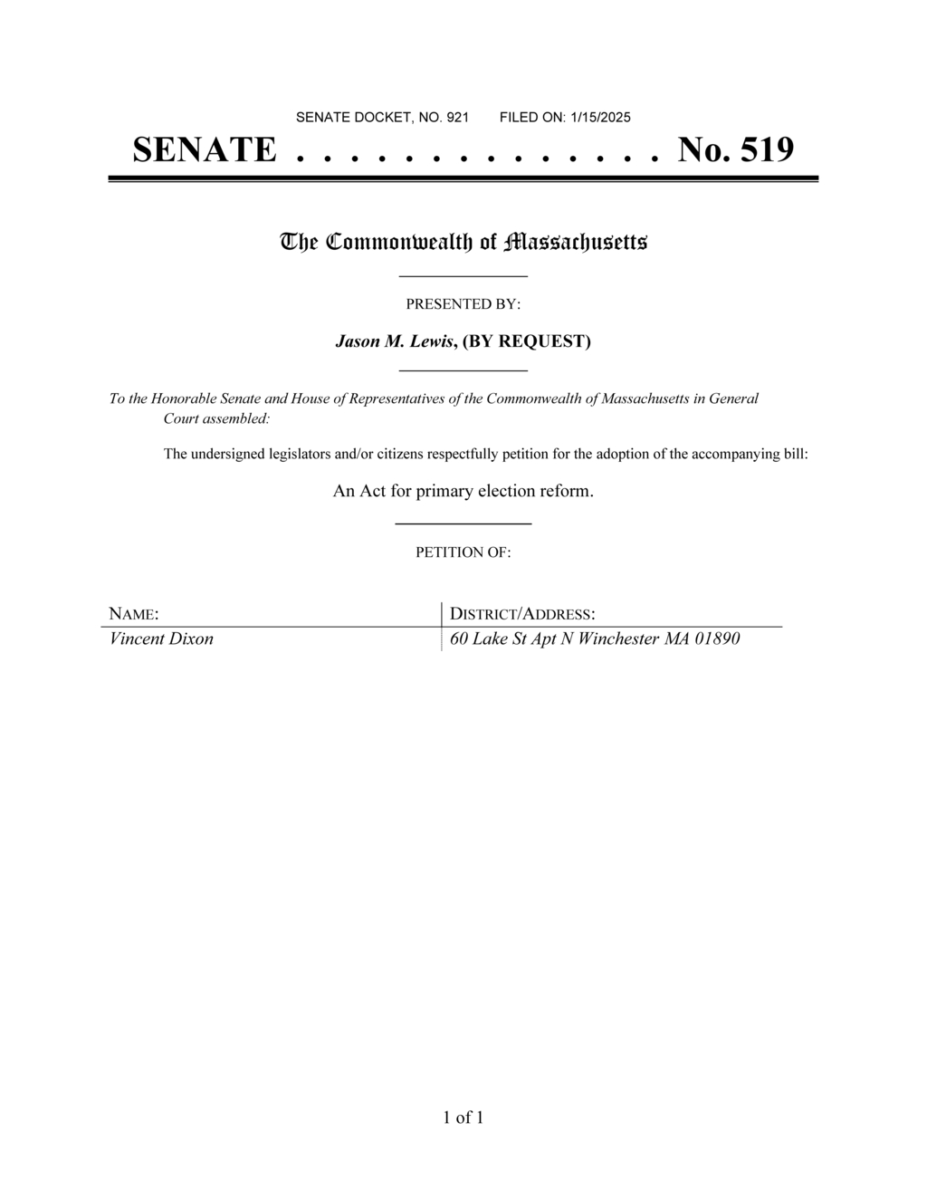 Senator Lewis files bill for Massachusetts primary election reform